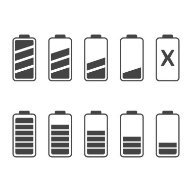 Batarya gösterge simgesini beyaz izole arkaplanda ayarla. Kolayca düzenlemek için katmanlar gruplandırıldı. Tasarımın için..