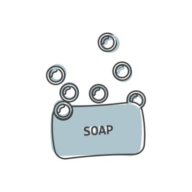 Beyaz izole arkaplanda çizgi film tarzında vektör sabun ve köpük simgesi. Kolayca düzenlemek için katmanlar gruplandırıldı. Tasarımın için..