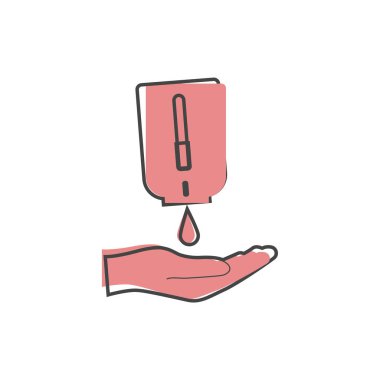 Beyaz yalıtılmış arka planda çizgi film tarzında el dezenfeksiyonu sabun dezenfektanı vektör ikonu. Kolayca düzenlemek için katmanlar gruplandırıldı. Tasarımın için..