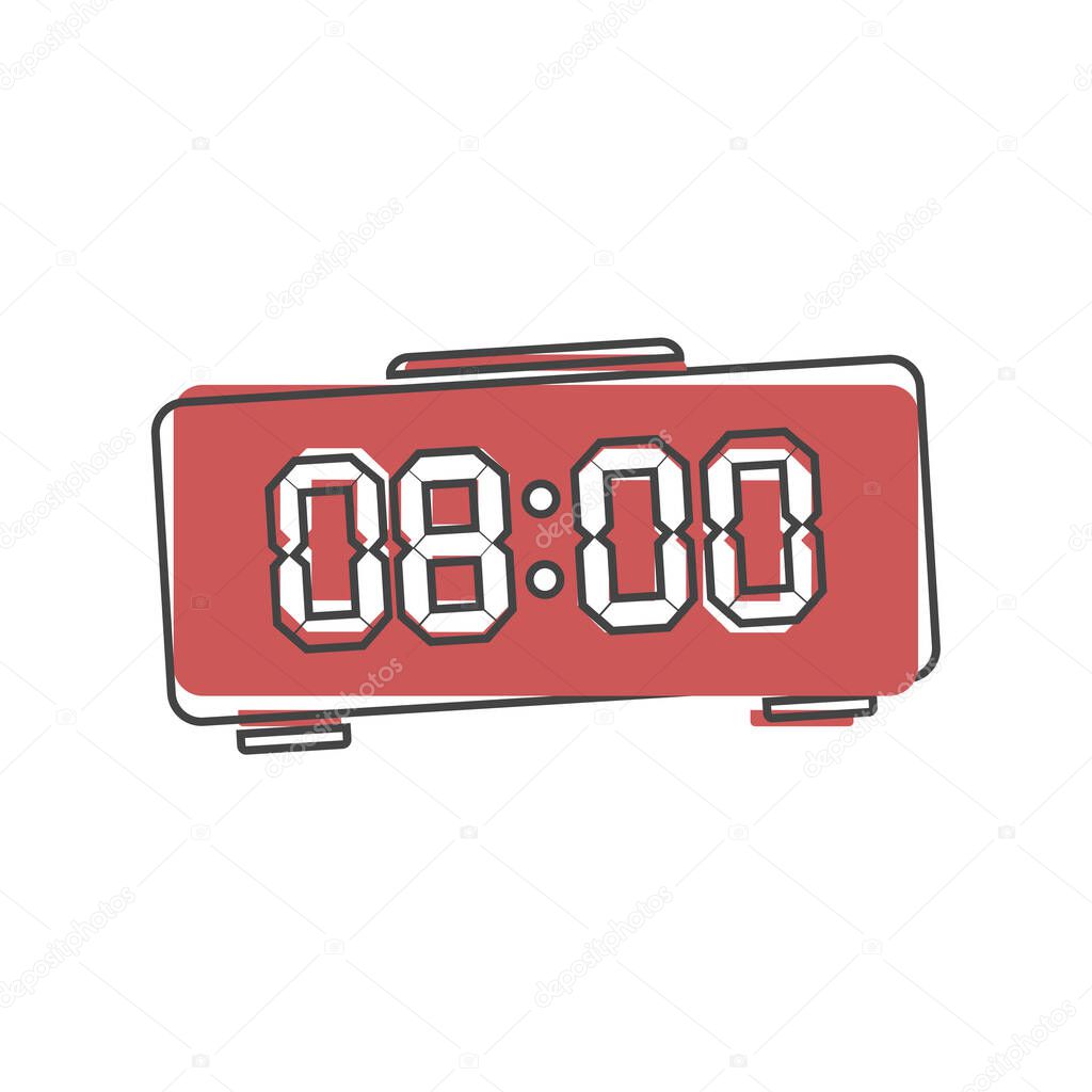 Digital electronic clock vector icon on cartoon style on white isolated background. Layers grouped for easy editing illustration. For your design.