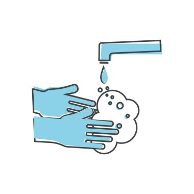 Musluğun altındaki beyaz izole edilmiş arka planda çizgi film tarzında ellerini yıkamanın simgesi. Kolayca düzenlemek için katmanlar gruplandırıldı. Tasarımın için..