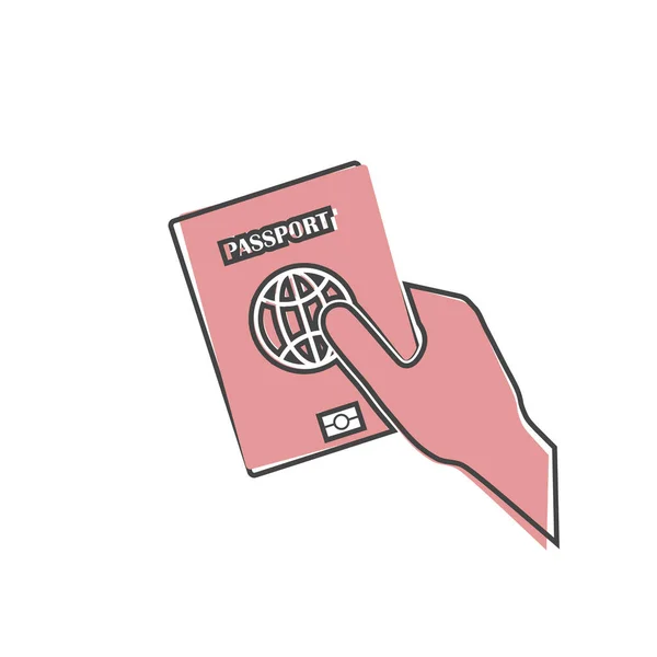 ベクトルアイコンの手は 白の隔離された背景に漫画スタイルのパスポートを保持しています レイヤーをグループ化して簡単にイラストを編集できます デザインのために — ストックベクタ