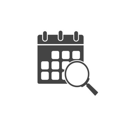 Beyaz izole arkaplanda büyüteç çizgi film tarzına sahip takvim vektör simgesi. Kolayca düzenlemek için katmanlar gruplandırıldı. Tasarımın için..