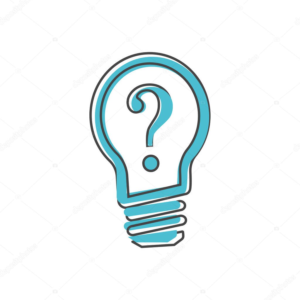 Vector icon solution to the problem, light bulb with question mark on cartoon style on white isolated background. Layers grouped for easy editing illustration. For your design.