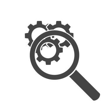 Beyaz izole edilmiş arkaplanda vektör vites aracı arama büyüteç simgesi. Kolayca düzenlemek için katmanlar gruplandırıldı. Tasarımın için..