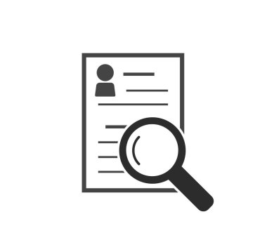 Vektör belge simgesi ve büyüteç. İzole edilmiş beyaz arkaplanda belge doğrulama sembolü. Kolayca düzenlemek için katmanlar gruplandırıldı. Tasarımın için.