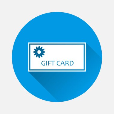 Hediye kartı vektör görüntüsü. Mavi arkaplanda hediye kartı simgesi var. Uzun gölgeli düz bir görüntü. Kolayca düzenlemek için katmanlar gruplandırıldı. Tasarımın için..