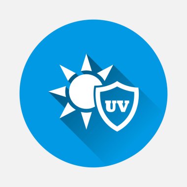 Mavi arkaplanda ultraviyole koruma vektör simgesi. Uzun gölgeli düz bir görüntü. Kolayca düzenlemek için katmanlar gruplandırıldı. Tasarımın için..