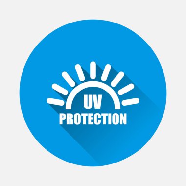 Mavi arkaplanda ultraviyole koruma vektör simgesi. Uzun gölgeli düz bir görüntü. Kolayca düzenlemek için katmanlar gruplandırıldı. Tasarımın için..