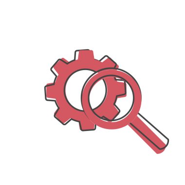 Beyaz izole arkaplanda çizgi film tarzında vektör vites aracı arama büyüteç simgesi. Kolayca düzenlemek için katmanlar gruplandırıldı. Tasarımın için..