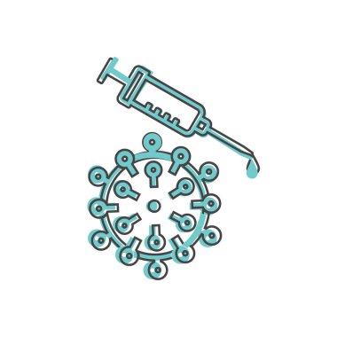 Coronovirus aşısı taşıyıcı ikonu. Beyaz izole edilmiş arkaplanda karikatür biçiminde nüfus aşılama sembolü. 