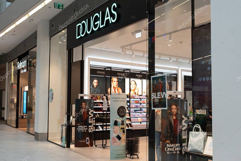 Teplice, Czech Republic October 19, 2025 Douglas cosmetics store front in Galerie Teplice shopping mall