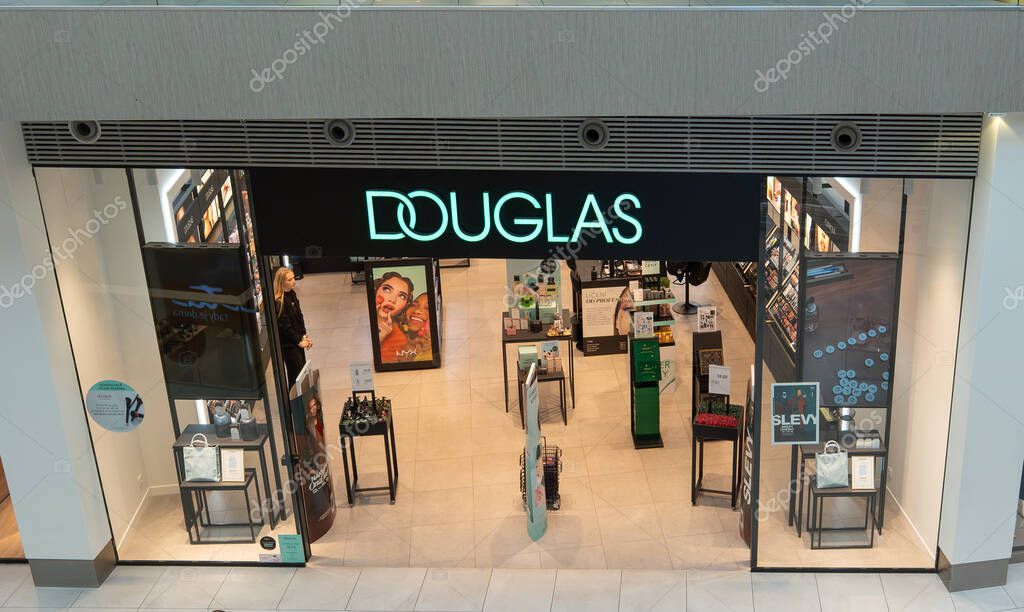 Teplice, Czech Republic October 19, 2025 Douglas cosmetics store front in Galerie Teplice shopping mall