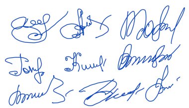 El çizimi mavi karalama imzaları şeffaf arka planda izole edildi. Not, röfle, grafik tasarım ya da yaratıcı dekoratif öğeler için sahte imza koleksiyonu. PNG.