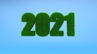 Çimen harfleri mavi arka planda 2021. 3d oluşturma.