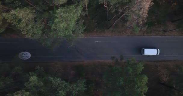 Fliegen, die Drohne hinter einem weißen Transporter verfolgen, auf einem Waldweg mit einem Radweg mit einem Tempolimit von 20 km. — Stockvideo