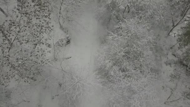 从无人机到废弃、积雪覆盖的技术车队的视野 — 图库视频影像