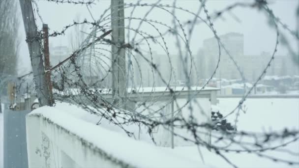 Nahaufnahme eines Zauns mit Stacheldraht-Isolator, bei Schneefall im Winter, Zeitlupe. — Stockvideo