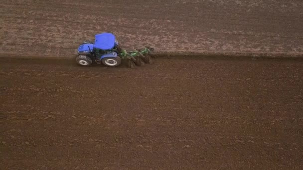 Landbouwwerkzaamheden in het veld, twee blauwe trekkers ploegen de grond — Stockvideo