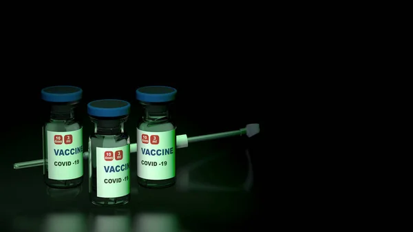 Covid vaccine on black background with green backlight 3d rendering