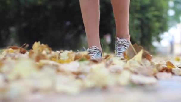 Ένας έφηβος κλωτσάει σκονισμένο φθινοπωρινό φύλλωμα σε ένα πάρκο με απογοητευμένα συναισθήματα. — Αρχείο Βίντεο