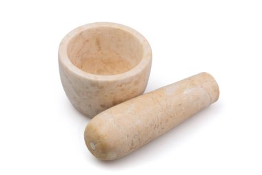 taş harç ve beyaz arka plan üzerinde izole havaneli