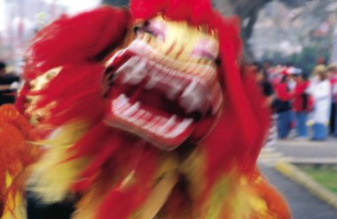 Peru - Şubat 2011 - Oyuncular Lima City 'nin Çin Mahallesi' ndeki bir gösteri sırasında Ejderha aksesuarını soydular