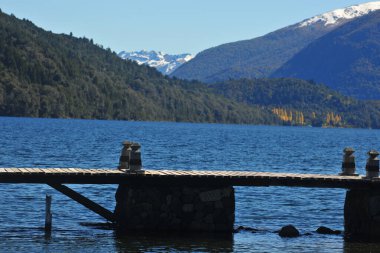 Sonbaharda ağaçlarla dolu bir orman Pintoresk neuquen arjantin panoramik viux lacar gölü ahşap iskele
