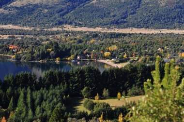 Sonbaharda ağaçlı orman ve soğuk bir sabah pintoresk neuquen arjantin panoramik viux akçaağaç lacar gölünde güneş yapraklarının arasından.