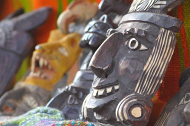 Maya, ahşap, el yapımı, maskeler, geleneksel, Meksikalı, pazar, sanat, tarz, kentsel, genç, şeytan,