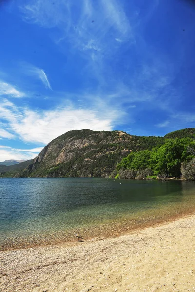 Bariloche Arjantin 'in kumlu plajlı Nahuel Huapi Gölü manzarası tropik plaj patagonisi