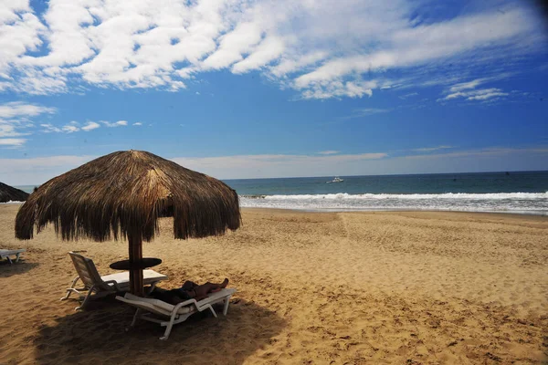 Pasifik Okyanusu tropikal plajları, Mancora Peru 'da insansız siilasyonlu el yapımı şemsiyeler.