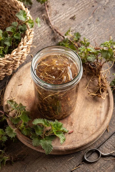 Glass Jar Filled Alcohol Fresh Nettle Root Prepare Homemade Herbal — Stock Photo, Image