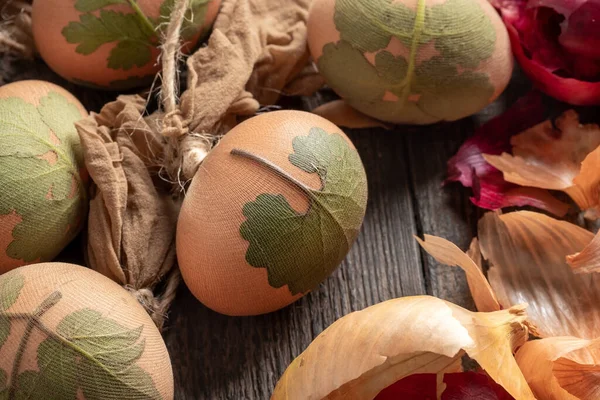 Paskalya Yumurtalarının Soğan Kabuklarını Taze Otlarla Boyamak Için Hazırlanması Yakın — Stok fotoğraf