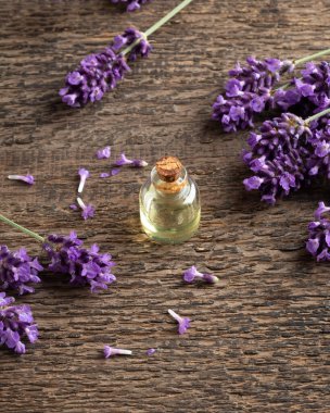 Ahşap arka planda taze lavanta çiçekleri olan gerekli yağ şişesi.