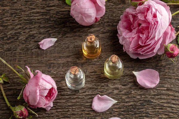 Three Bottles Essential Oil Fresh Cabbage Roses — Stock Photo, Image