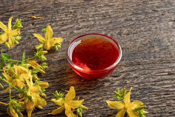 Skål Rød Olie Lavet John Wort Blomster Bord Med Kopiplads - Stock-foto