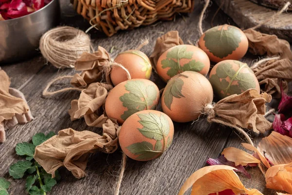 Çiğ Paskalya Yumurtalarına Çorap Takılmış Soğan Kabuklarıyla Boyanmaya Hazır Otlar — Stok fotoğraf