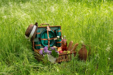 Dışarıdaki piknik sepeti yeşil çimlerde, ekmek, pasta, meyve ve diğer yiyeceklerle.