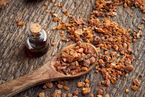 Myrrh Resin Spoon Commiphora Essential Oil Background — Stock Photo, Image