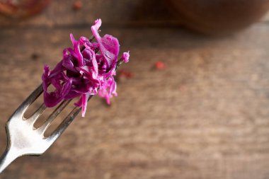 Kopya alanı olan bir çatalda mayalanmış mor lahana.