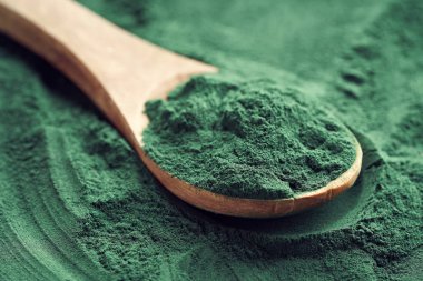 Bir kaşık üzerinde spirulina alg tozu.