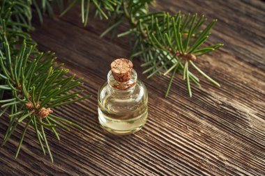 Ahşap bir masanın üzerinde ladin dalları olan bir şişe gerekli yağ.