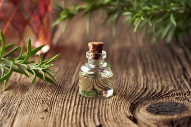 Ahşap arka planda taze biberiye bitkisi olan gerekli yağ şişesi.