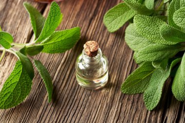 Masasında adaçayı dalları olan bir şişe gerekli yağ.