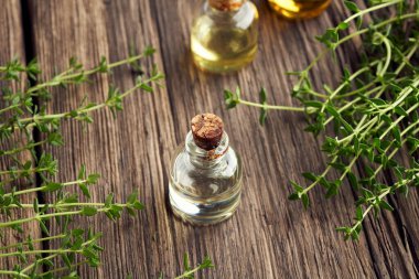 Köy tabakasında kekik dalları olan bir şişe gerekli yağ.