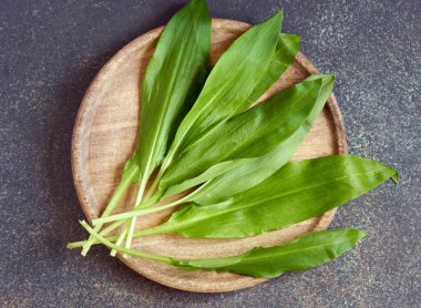 Baharda masada yabani sarımsak yaprakları, üst manzara.