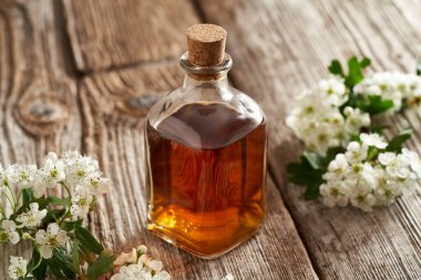 Bir şişe ev yapımı bitkisel tentür. Kırsal arka planda taze çiçek açan bir şahin.