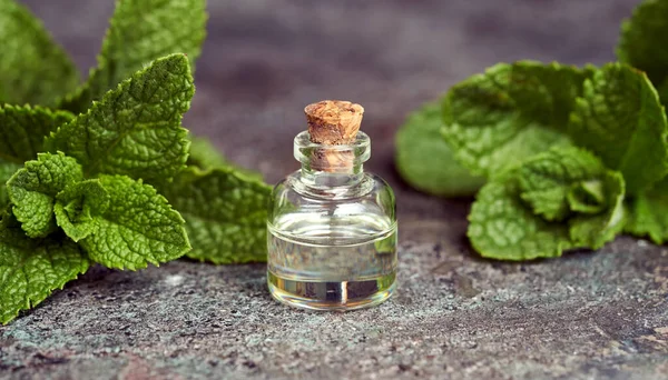 Esaslı bir yağ şişesi ve arka planda nane şekeri.