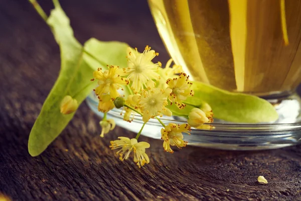 Friss Hárs Virágok Összegyűjtött Júniusban Egy Csésze Gyógynövény Tea Háttérben — Stock Fotó